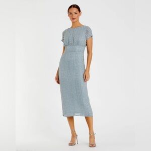 Mac Duggal Beaded Cap Sleeve Midi Dress Slate Blue Sz 8 NWT Formal Wedding Guest